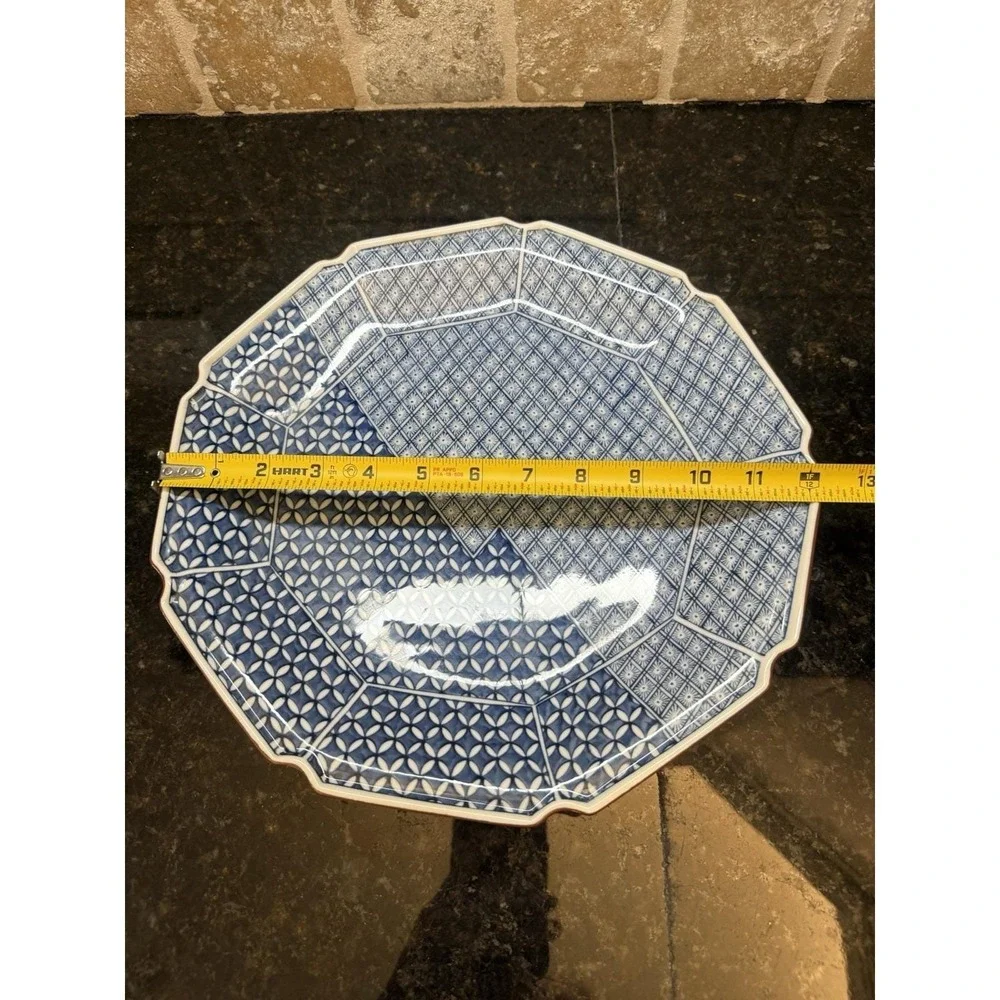 Vintage Blue & White Chinoiserie Japanese 9 Sided‎ Porcelain Platter 12